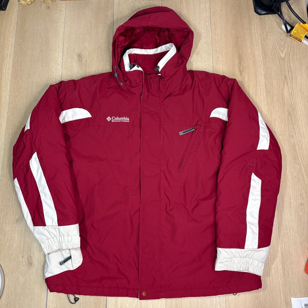 Columbia Mens Red White Colorblock Hooded Ski Jacket Parka Size XL XM 5698